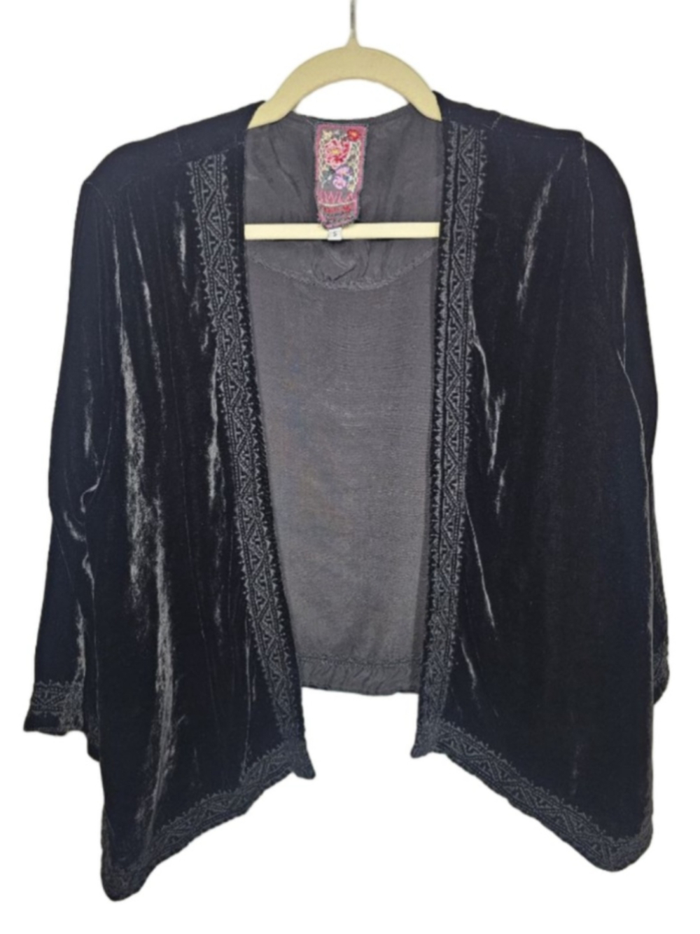 JWLA Johnny Was Black Velvet Embroidered Kimono Open Cardigan Jacket EUC Small
